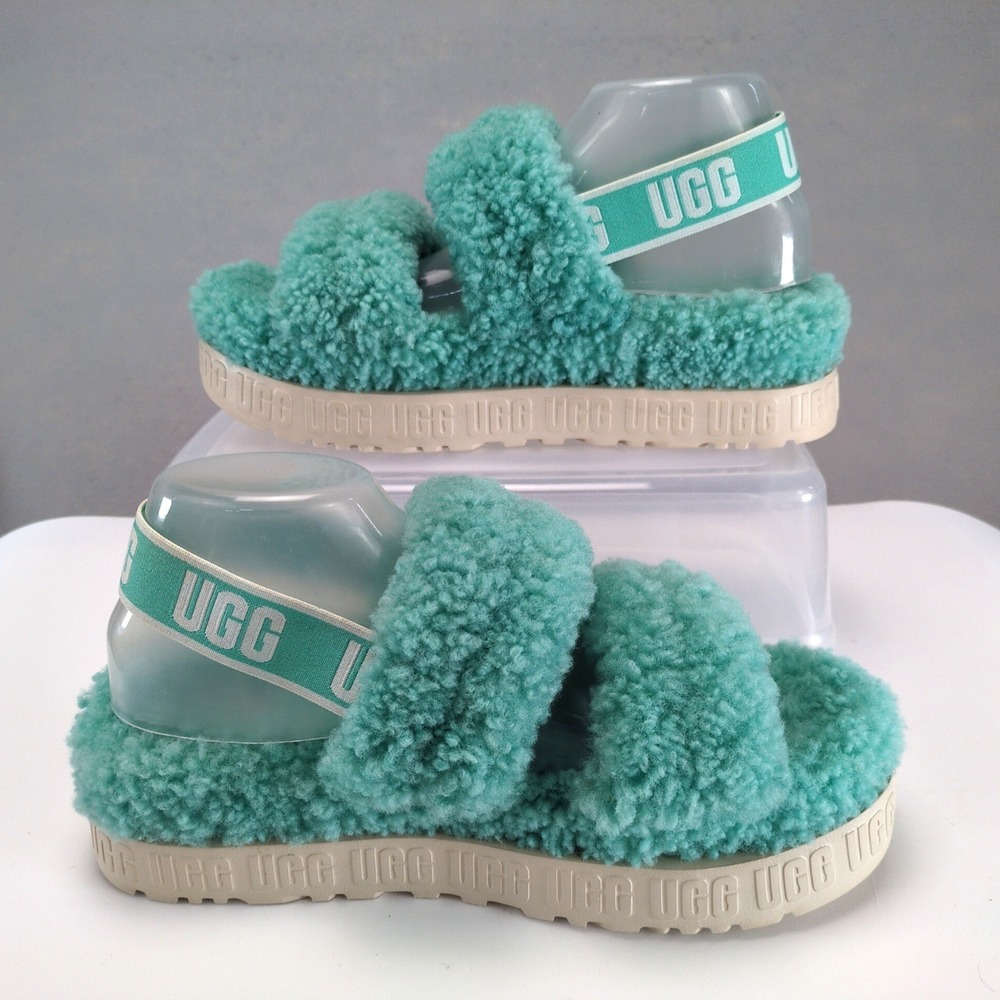 UGG Oh Fluffita Splash Blue Teal Shearling 2.5" Platform Slides Womens 11